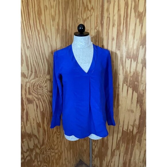 J Crew Drapey V-Neck Blouse Pullover Top Pleated Long Sleeve Silk Blue Sz 0 - Picture 1 of 10